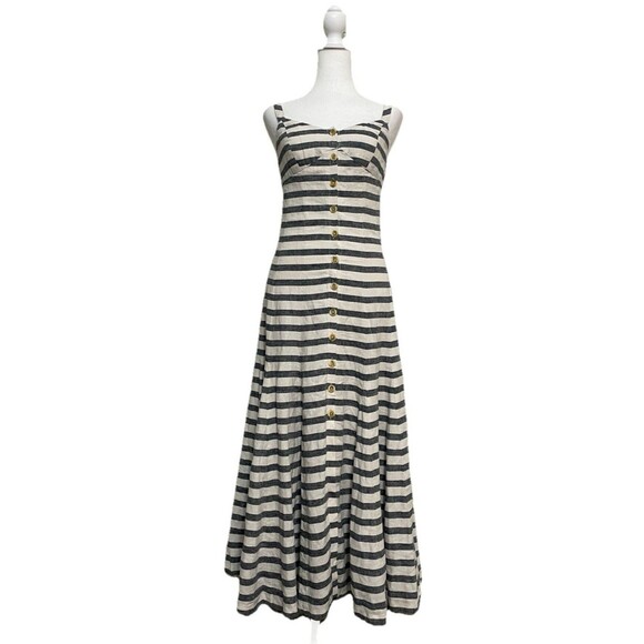 Maeve Anthropologie Linen Maxi Dress NWT sz 0P White Stripe Fit & Flair Button